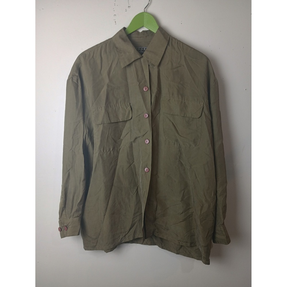 Vintage Bogari Studio 100% Silk Olive Green Button Down Shirt Blouse M
